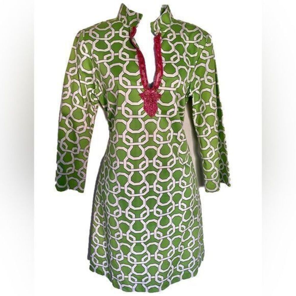 Devon Baer Dress - S green /cream, cotton blend
